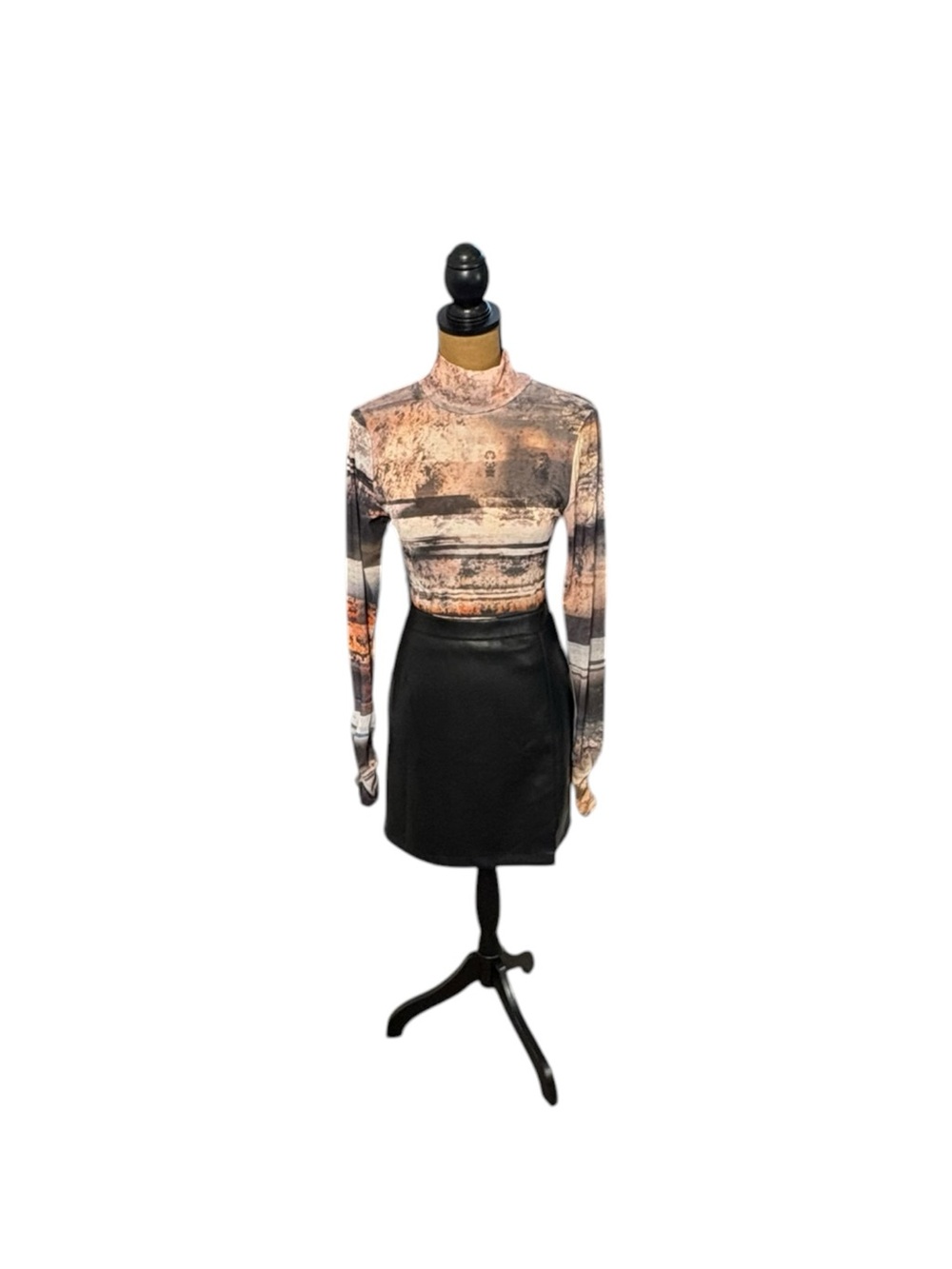 Topshop Womens 8 Y2K Landscape Print Sheer Mesh Funnel Neck Long Sleeve Top
